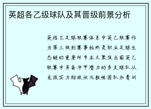 英超各乙级球队及其晋级前景分析