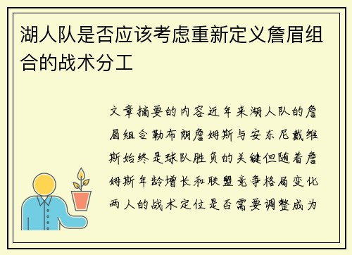 湖人队是否应该考虑重新定义詹眉组合的战术分工